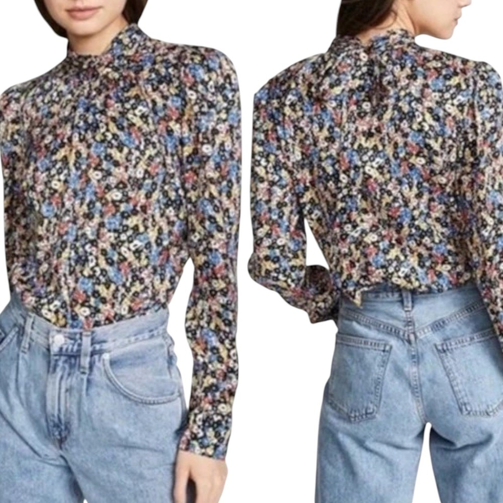 Veronica Beard Mena Ditsy Floral Silk Blouse Womens 4 Tie Back High Neck Stretch